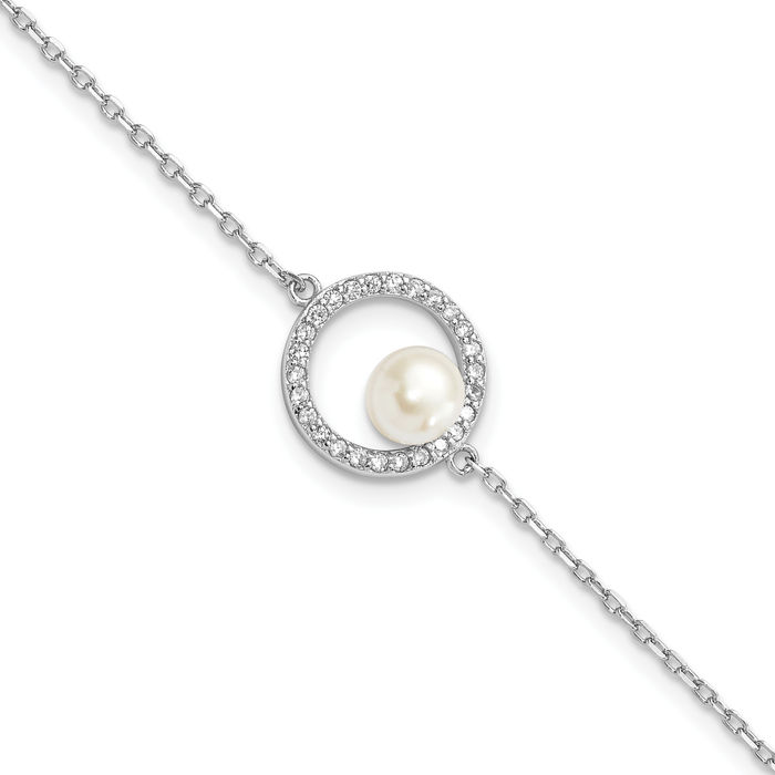 925 Sterling Silver 6mm White Button Freshwater Cultured Pearl Cubic Zirconia CZ Chain Bracelet