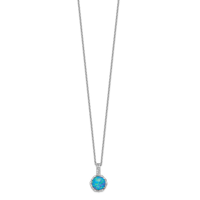 925 Sterling Silver Cabochon Lab Blue Opal Cubic Zirconia CZ Necklace Chain Gemstone Pendant Charm