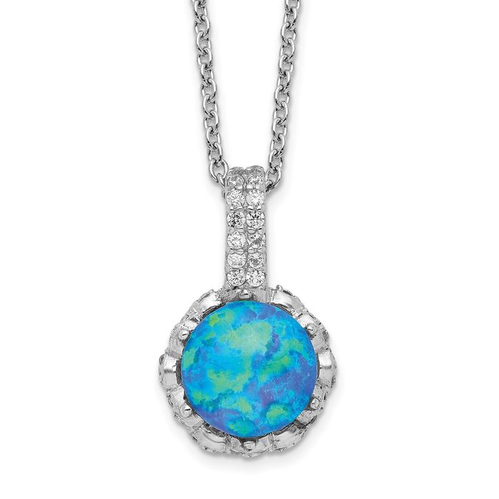 925 Sterling Silver Cabochon Lab Blue Opal Cubic Zirconia CZ Necklace Chain Gemstone Pendant Charm