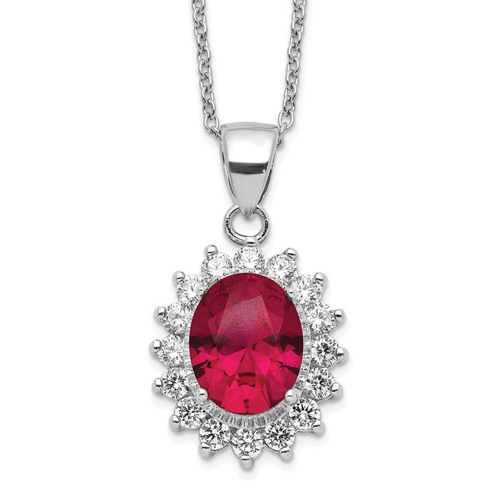 925 Sterling Silver Lab Red Ruby White Cubic Zirconia CZ Oval Halo Necklace Chain Gemstone Pendant Charm