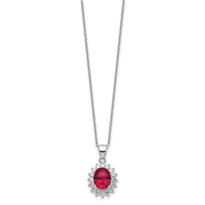 925 Sterling Silver Lab Red Ruby White Cubic Zirconia CZ Oval Halo Necklace Chain Gemstone Pendant Charm