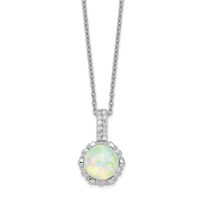 925 Sterling Silver Cabochon Lab Opal Cubic Zirconia CZ Necklace Chain Gemstone Pendant Charm