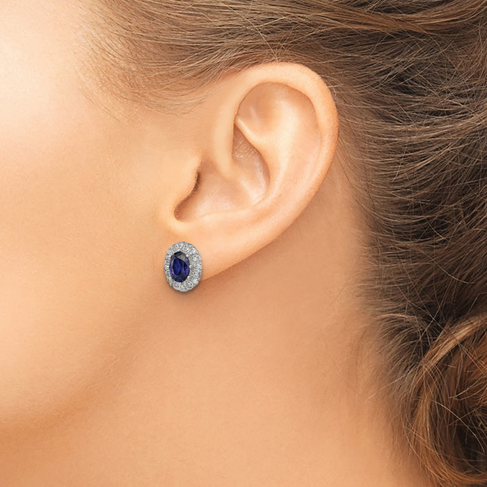 925 Sterling Silver Cubic Zirconia CZ Lab Blue Sapphire Oval Halo Stud Earrings