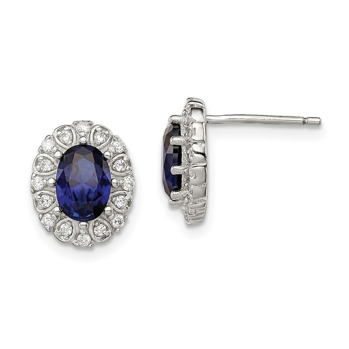 925 Sterling Silver Cubic Zirconia CZ Lab Blue Sapphire Oval Halo Stud Earrings