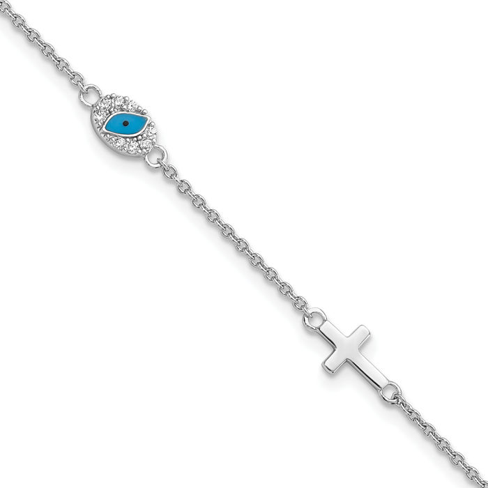 925 Sterling Silver Cubic Zirconia CZ Holy Cross Hamsa Hand of Fatima Blue Evil Eye Protection Good Luck Chain Charm Bracelet