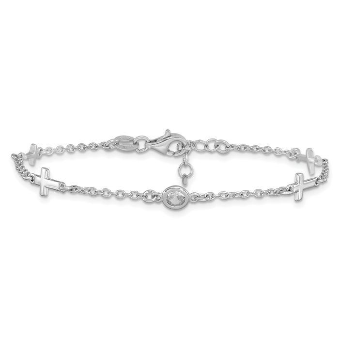 925 Sterling Silver Cubic Zirconia CZ Holy Cross Chain Charm Bracelet