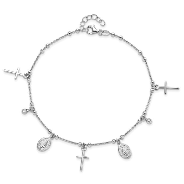 925 Sterling Silver Cubic Zirconia CZ Holy Cross Blessed Mother Mary Charm Anklet Religious Summer Beach Foot Ankle Bracelet