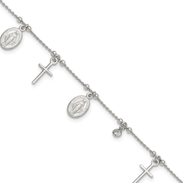 925 Sterling Silver Cubic Zirconia CZ Holy Cross Blessed Mother Mary Charm Anklet Religious Summer Beach Foot Ankle Bracelet