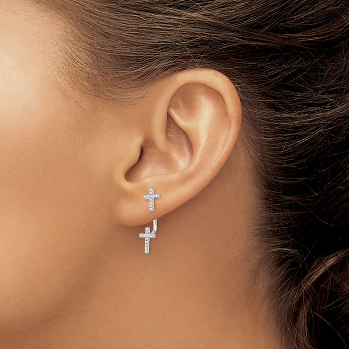 925 Sterling Silver Cubic Zirconia CZ Hanging Holy Cross Christian Religious Drop Dangle Earrings