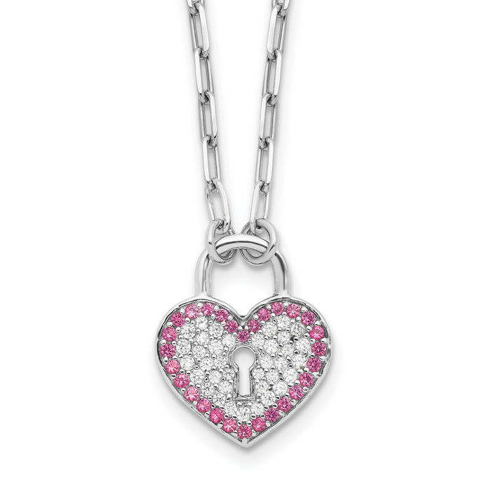 925 Sterling Silver Cubic Zirconia CZ Rhinestone Crystals Heart Lock Necklace Chain