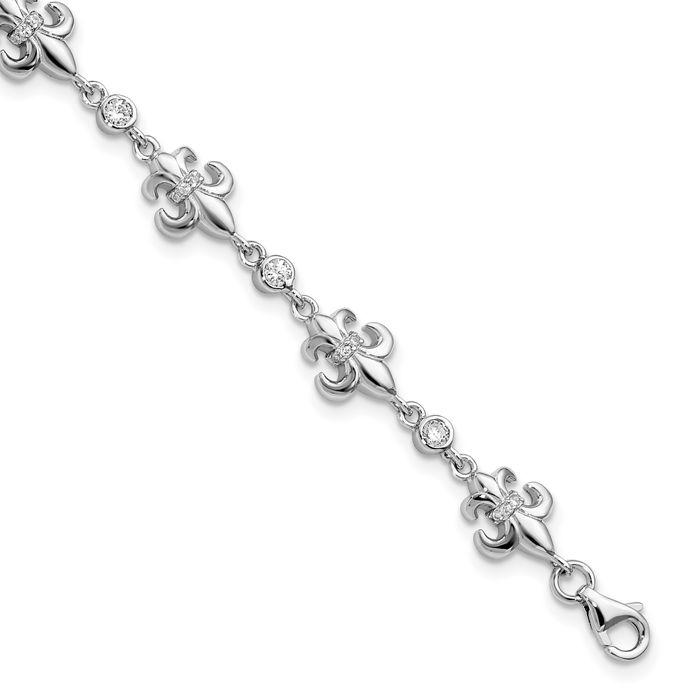 925 Sterling Silver Cubic Zirconia CZ French Fleur De Lis Lily Flower Chain Charm Bracelet