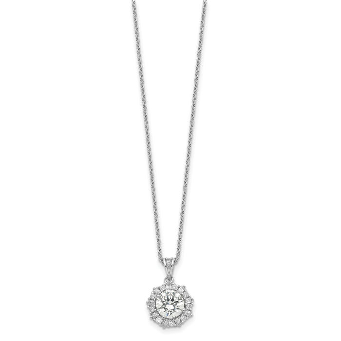 925 Sterling Silver Emerald-Cut Cubic Zirconia CZ Halo Round Necklace Chain