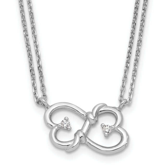 925 Sterling Silver Cubic Zirconia CZ Heart 2 Strand Necklace Chain