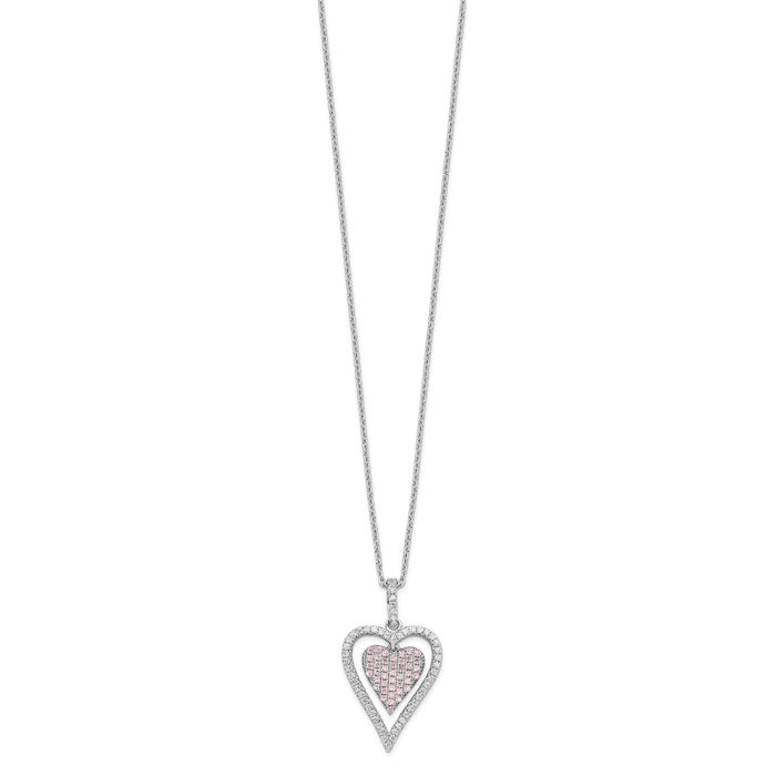 925 Sterling Silver White Pink Cubic Zirconia CZ Heart Chain Necklace