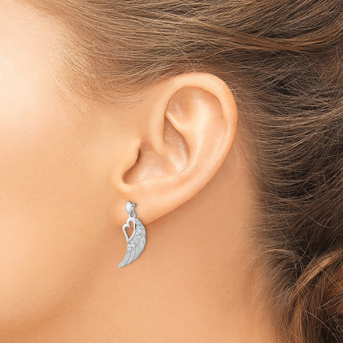 925 Sterling Silver Cubic Zirconia CZ Heart Guardian Angel Wings Post Drop Dangle Earrings