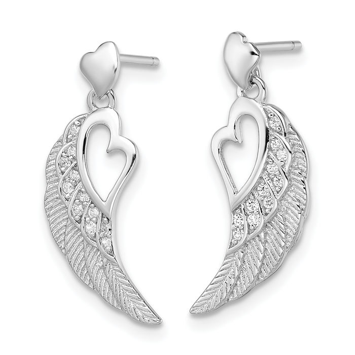 925 Sterling Silver Cubic Zirconia CZ Heart Guardian Angel Wings Post Drop Dangle Earrings