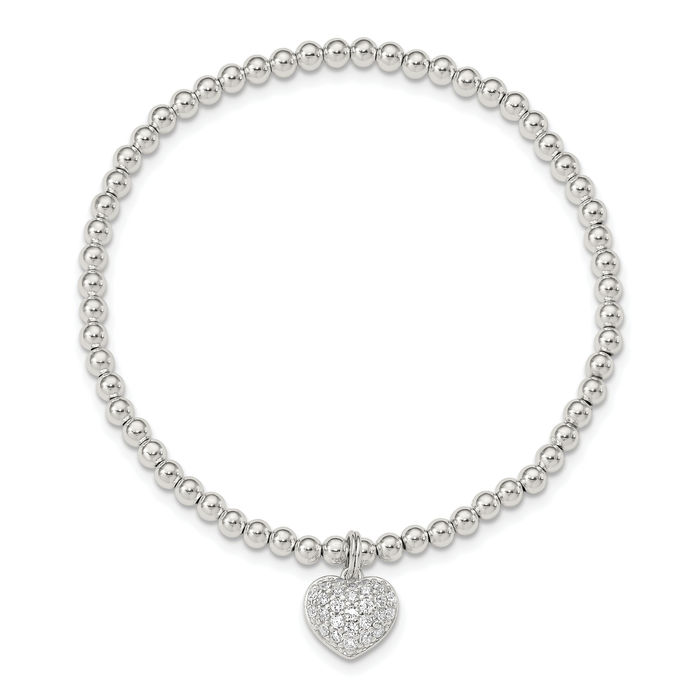 925 Sterling Silver Cubic Zirconia CZ Heart Stretch Wrap Charm Bracelet