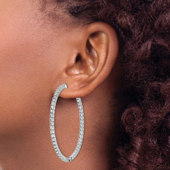 925 Sterling Silver 1.9mm Cubic Zirconia CZ Round Large Hoop Earrings