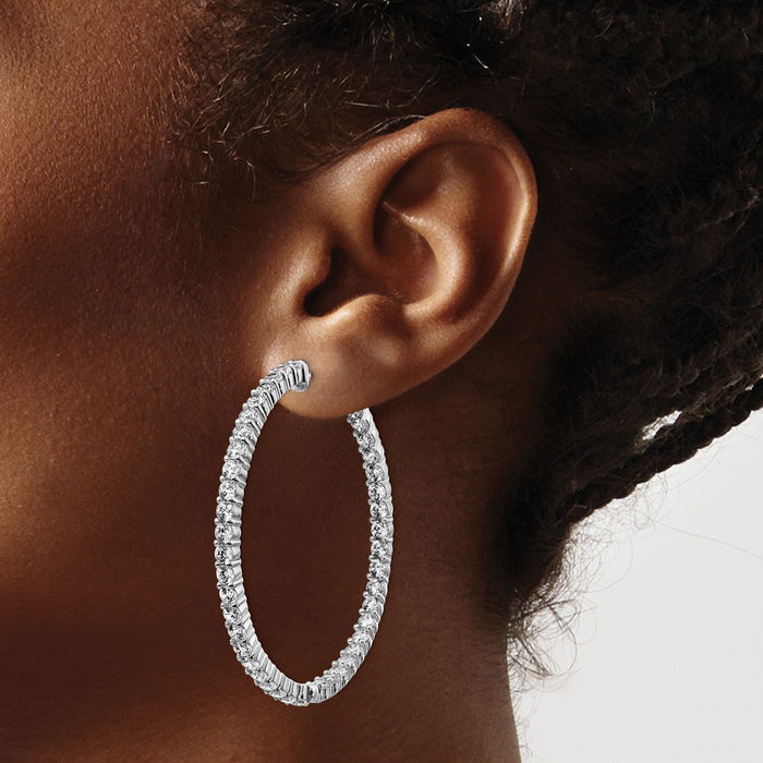 925 Sterling Silver 2.5mm Cubic Zirconia CZ Round Large Hoop Earrings