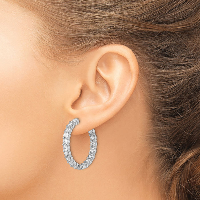 925 Sterling Silver 3.75mm Cubic Zirconia CZ Round Medium Hoop Earrings