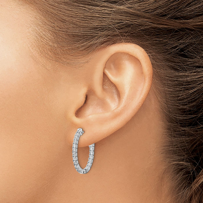 925 Sterling Silver 1.7mm Cubic Zirconia CZ Oval Medium Hoop Earrings