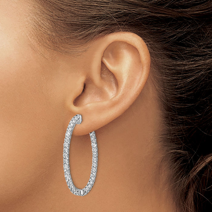 925 Sterling Silver 2.3mm Cubic Zirconia CZ Oval Medium Hoop Earrings