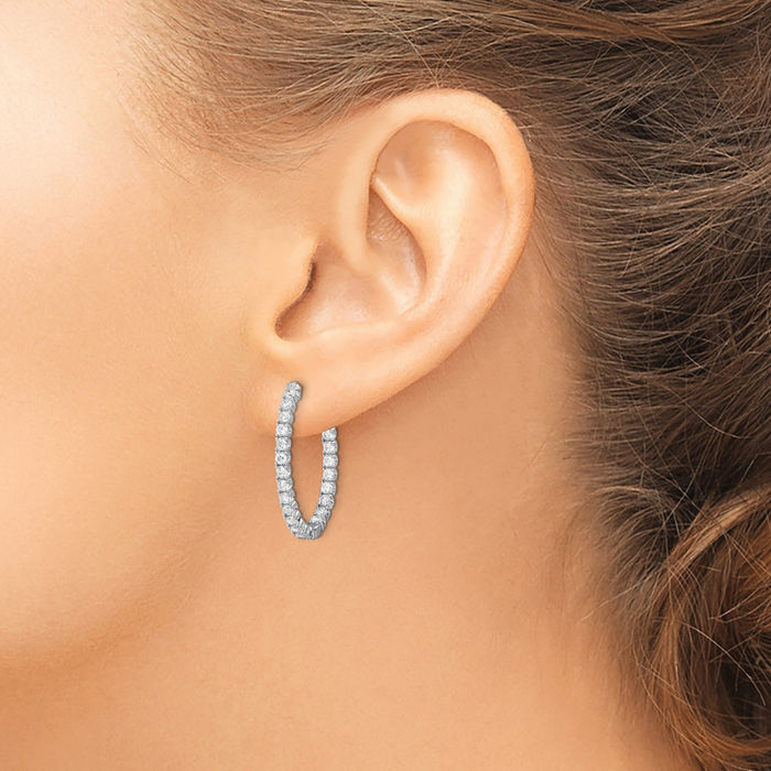 925 Sterling Silver 2mm Cubic Zirconia CZ Oval Medium Hoop Earrings