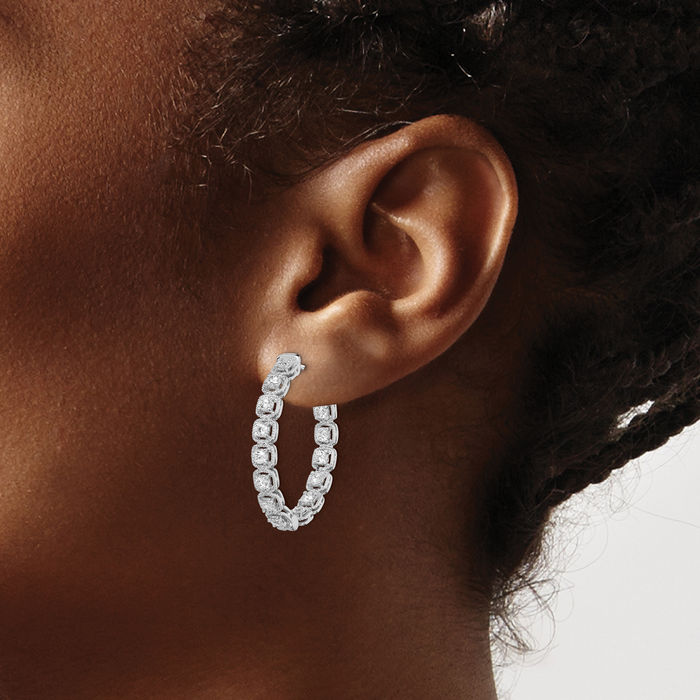 925 Sterling Silver 2.5mm Cubic Zirconia CZ Oval Medium Hoop Earrings