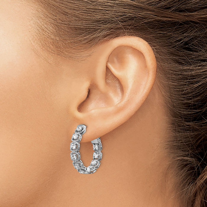 925 Sterling Silver 2.5mm Cubic Zirconia CZ Oval Medium Hoop Earrings
