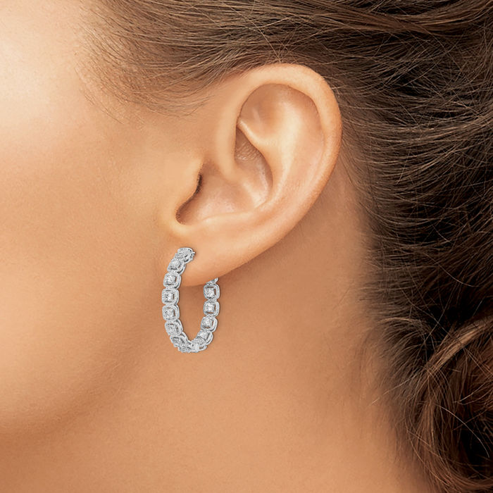 925 Sterling Silver 2.5mm Cubic Zirconia CZ Round Medium Hoop Earrings