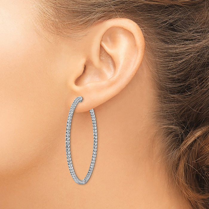 925 Sterling Silver 2mm Cubic Zirconia CZ Round Large Hoop Earrings