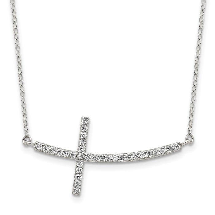 925 Sterling Silver Cubic Zirconia CZ Sideways Holy Cross Necklace Chain