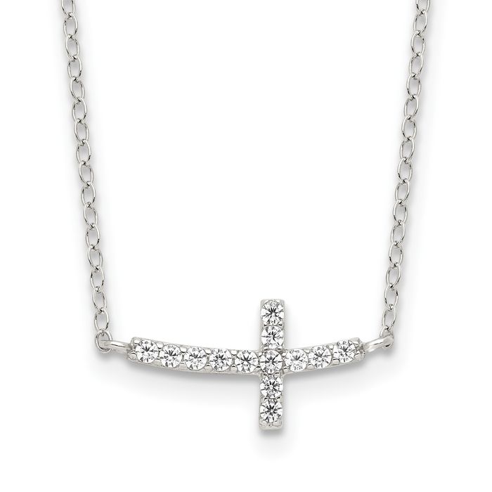 925 Sterling Silver Cubic Zirconia CZ Sideways Holy Cross Necklace Chain