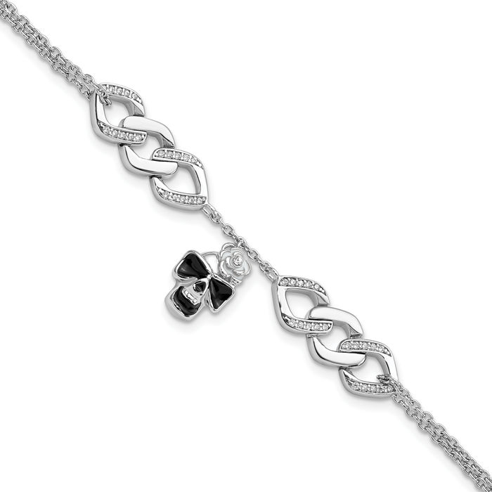 925 Sterling Silver Cubic Zirconia CZ Skull Flower Chain Charm Bracelet