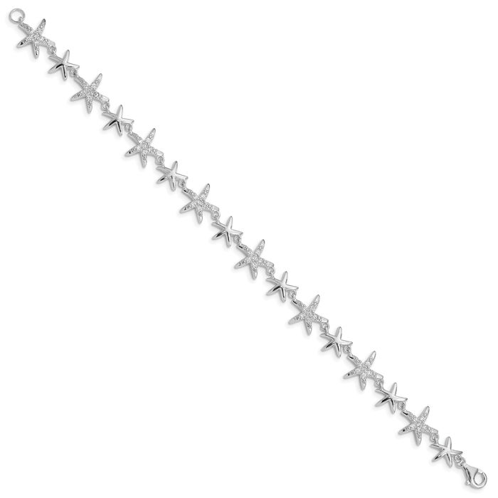 925 Sterling Silver Cubic Zirconia CZ Starfish Chain Charm Bracelet