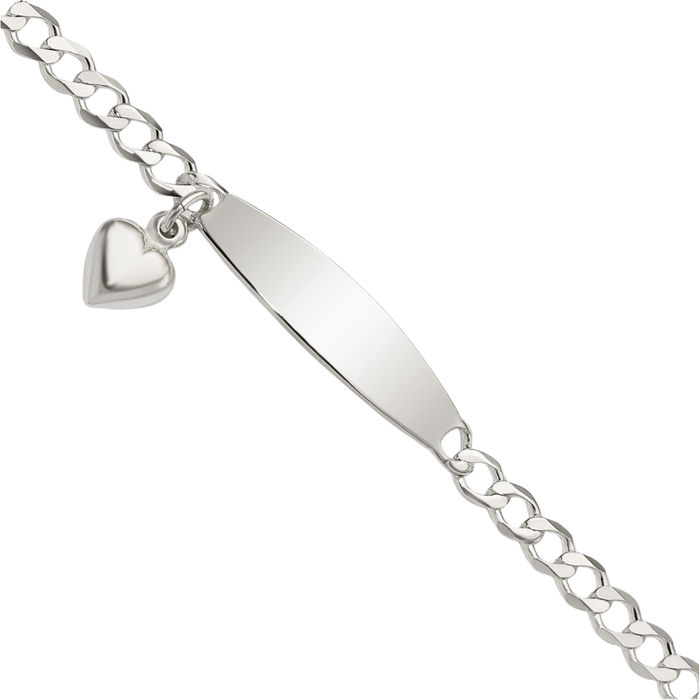 925 Sterling Silver Curb Link ID Heart Dangling Chain Bracelet