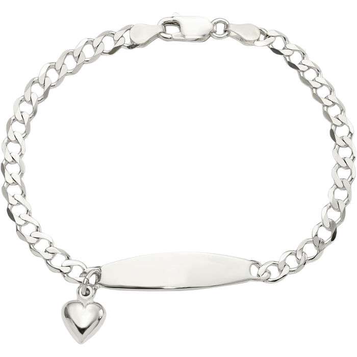 925 Sterling Silver Curb Link ID Heart Dangling Chain Charm Bracelet