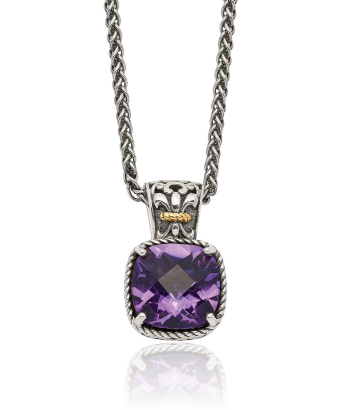 925 Sterling Silver Vintage Cushion-Cut Purple Amethyst Chain Necklace Gemstone Pendant Charm