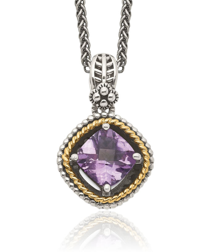 925 Sterling Silver Vintage Cushion-Cut Purple Amethyst Chain Necklace Gemstone Pendant Charm