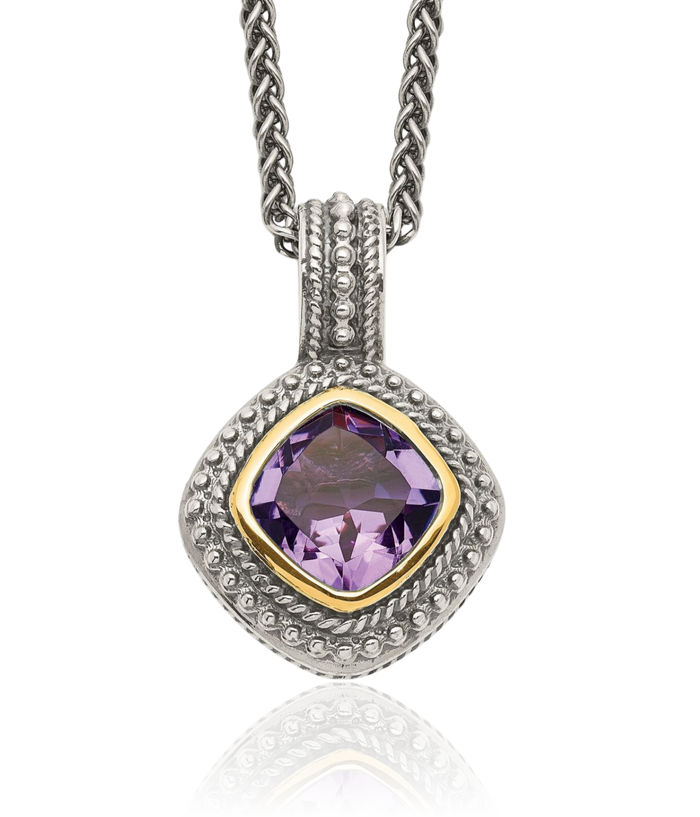 925 Sterling Silver Vintage Cushion-Cut Purple Amethyst Chain Necklace Gemstone Pendant Charm