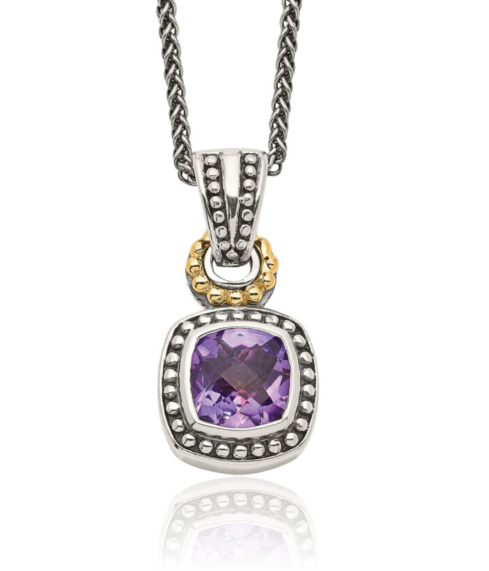 925 Sterling Silver Vintage Cushion-Cut Purple Amethyst Chain Necklace Gemstone Pendant Charm