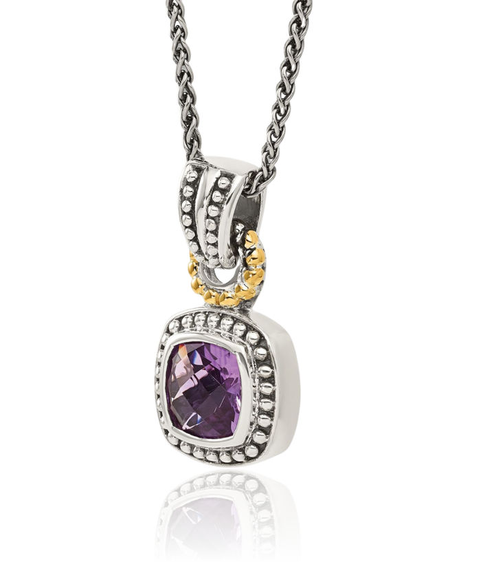 925 Sterling Silver Vintage Cushion-Cut Purple Amethyst Chain Necklace Gemstone Pendant Charm