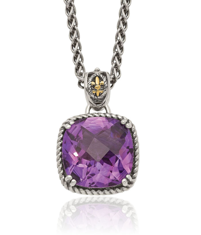 925 Sterling Silver Vintage Cushion-Cut Purple Amethyst Chain Necklace Gemstone Pendant Charm