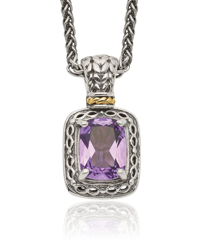 925 Sterling Silver Vintage Cushion-Cut Purple Amethyst Chain Necklace Gemstone Pendant Charm