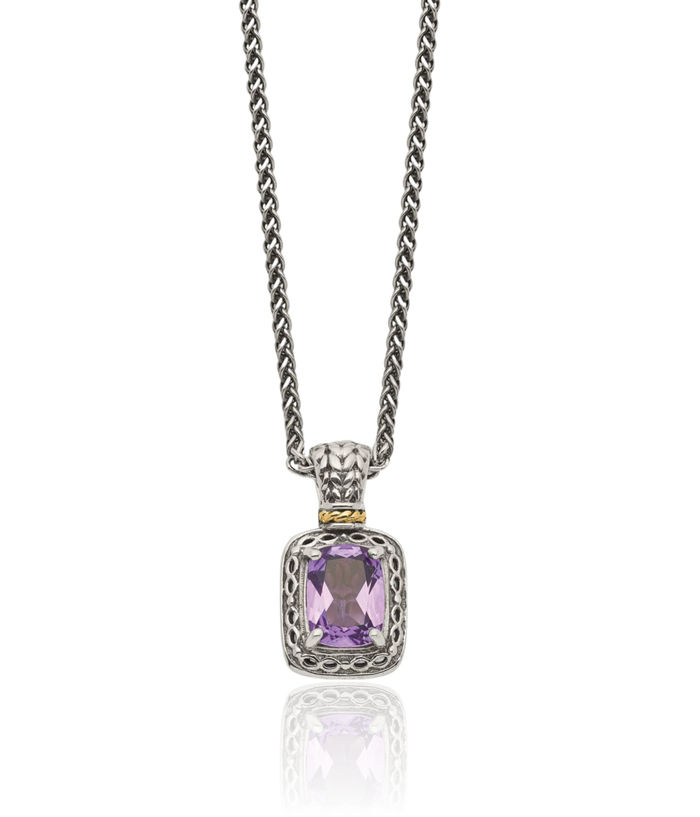 925 Sterling Silver Vintage Cushion-Cut Purple Amethyst Chain Necklace Gemstone Pendant Charm