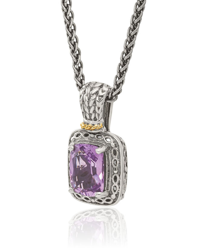 925 Sterling Silver Vintage Cushion-Cut Purple Amethyst Chain Necklace Gemstone Pendant Charm