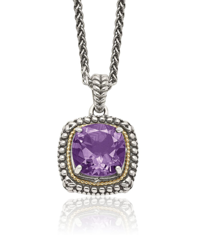 925 Sterling Silver Vintage Cushion-Cut Purple Amethyst Chain Necklace Gemstone Pendant Charm