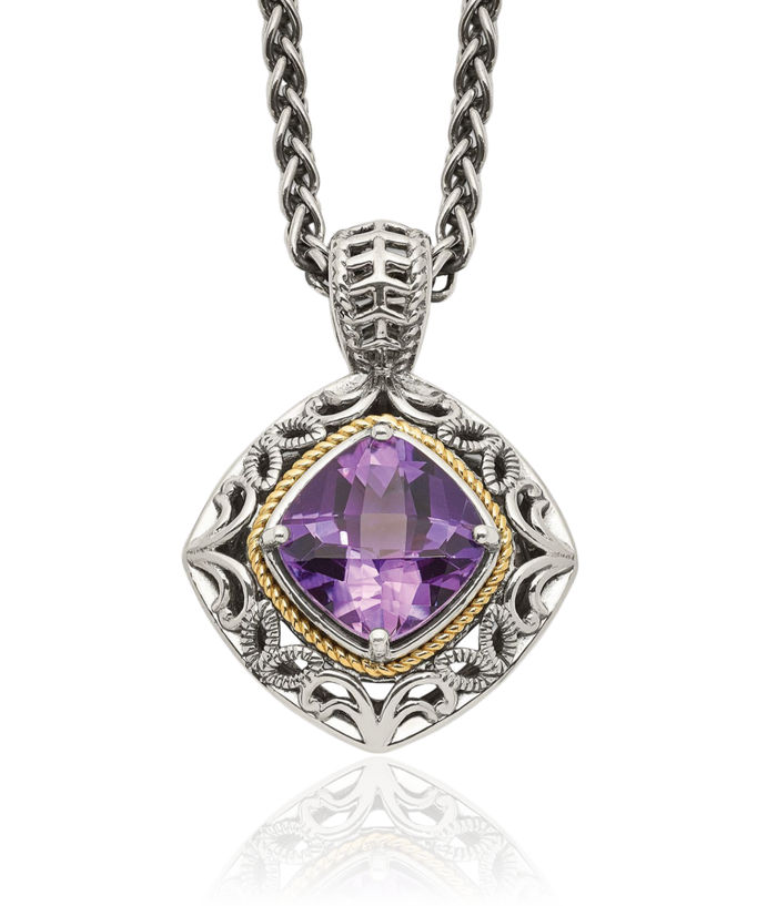 925 Sterling Silver Vintage Cushion-Cut Purple Amethyst Chain Necklace Gemstone Pendant Charm