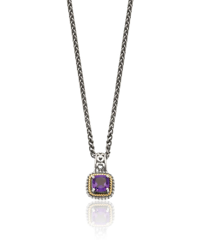 925 Sterling Silver Vintage Cushion-Cut Purple Amethyst Chain Necklace Gemstone Pendant Charm