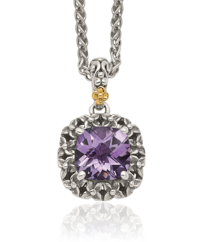 925 Sterling Silver Vintage Cushion-Cut Purple Amethyst Chain Necklace Gemstone Pendant Charm